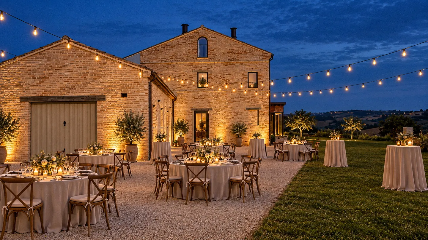 Il casale di Calamonte di notte, con la veranda illuminata e le luci a festone nel cortile